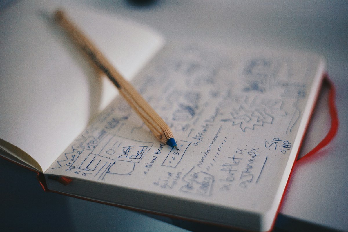 Open sketchbook with early interface notes.